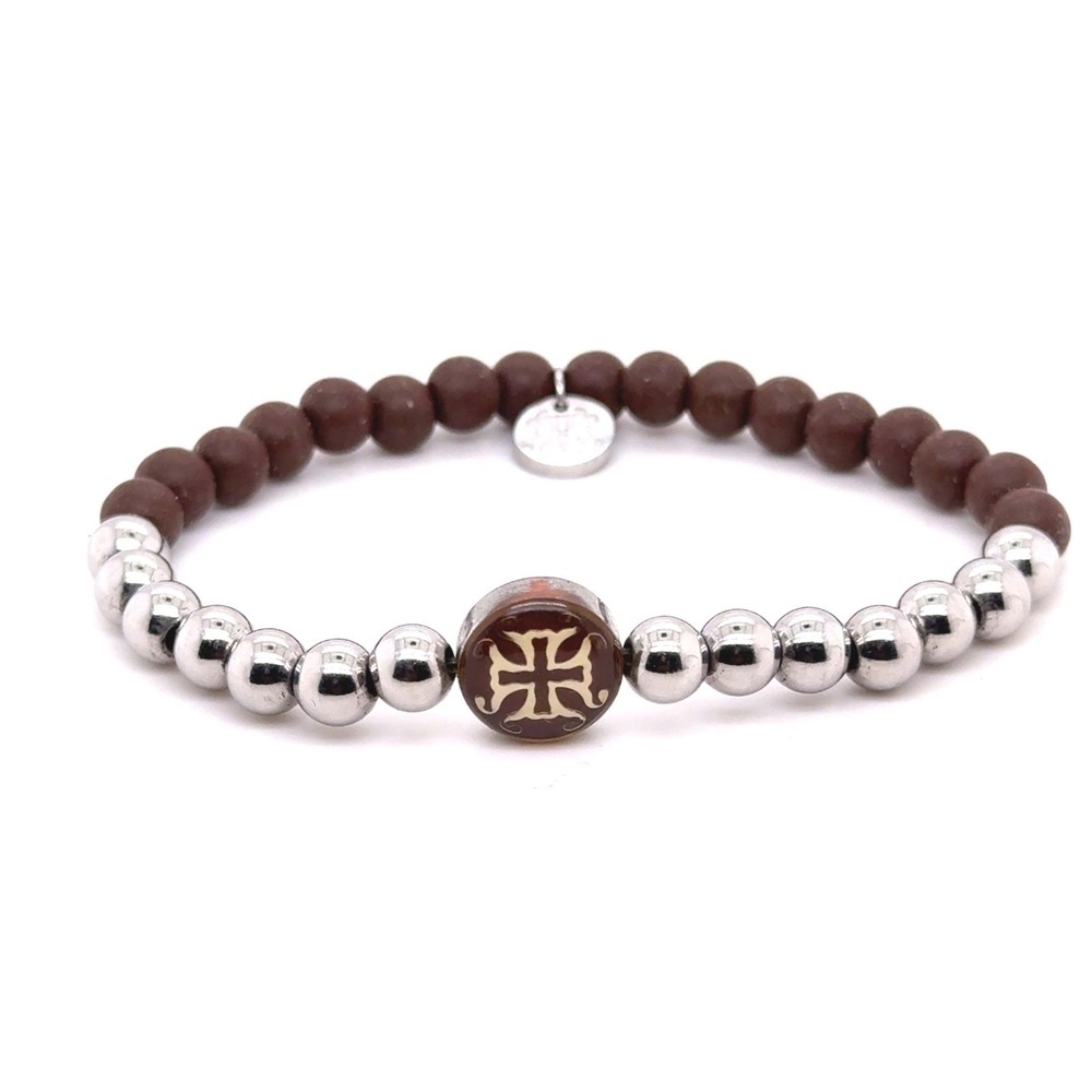 Rustic Cuff Brown and Silver Tone Beaded Stretch Bracelet Cross Charm